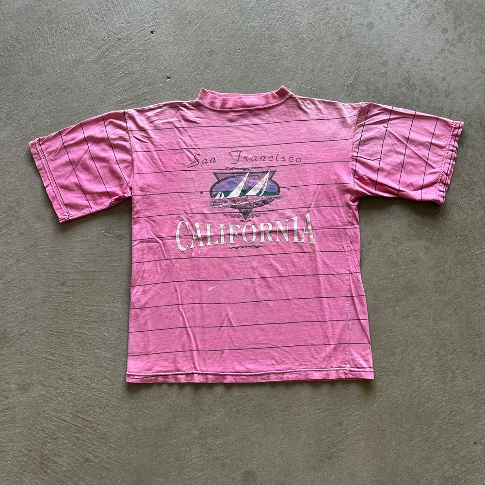 Vintage 80s San Francisco California Shirt Medium Pink Striped Sailboat Ocean